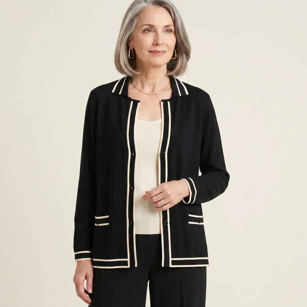 MISOOK Black Cardigan Jacket cream trim Acrylic knit size Large